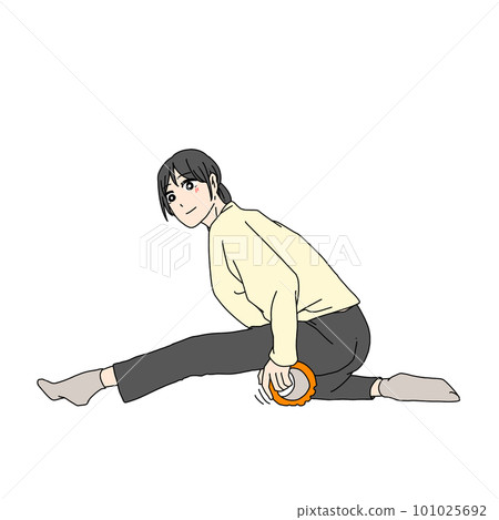 一位女士用泡沫軸放鬆左大腿根部 101025692