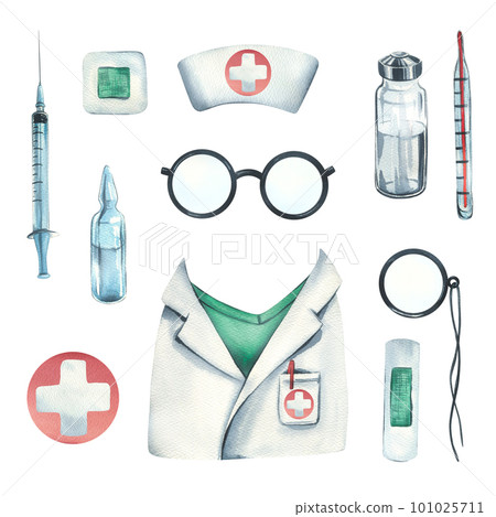 Medical kit with gown, doctor's cap, glasses, pince-nez, adhesive plaster, thermometer, syringe and medicines. Watercolor illustration. For hospitals, clinics, pharmacies, medical offices. 101025711