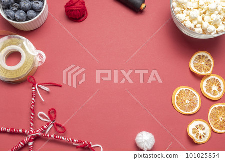 Mockup Survakane, Survachka. Top View Cornel Stick With Decorations, Dry Fruits, Threads, Ribbon,Popcorn. Bulgarian Tradition Of Clapping Each Other For Happiness,Health.Flatly, Copy space,Horizontal 101025854