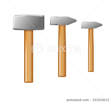 Set of blacksmith hammers with wooden handle. Vector industrial workers tool. Equipment for repair, contract and locksmith work. Vector 101026012