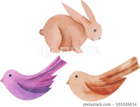 Vector illustration of birds and rebbit in simple hand drawn. Natural print. Easter decor 101026014