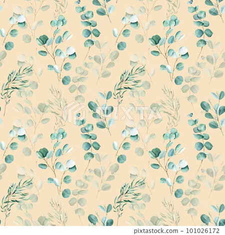 Seamless watercolor pattern with eucalyptus branches on beige background. Can be used for gift wrapping paper, kitchen textile and fabric prints. Seamless watercolor pattern with eucalyptus branches on beige background. Can be used for gift wrapping paper, kitchen textile and fabric prints. 101026172