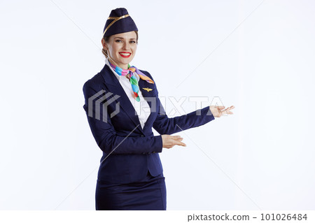 happy stylish female flight attendant on white welcoming happy stylish female flight attendant on white welcoming 101026484