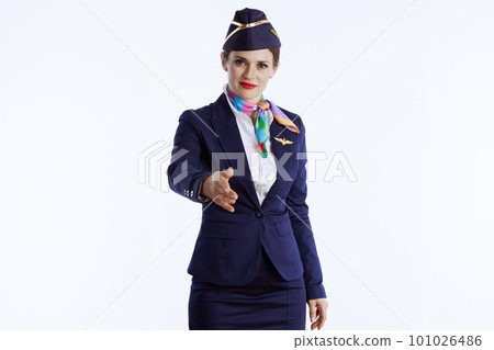 stylish female air hostess on white giving hand for handshake 101026486