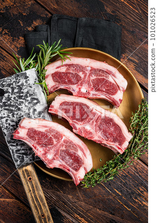 Uncooked Raw lamb loin chops steaks, saddle in plate with rosemary and thyme. Wooden background. Top view 101026523