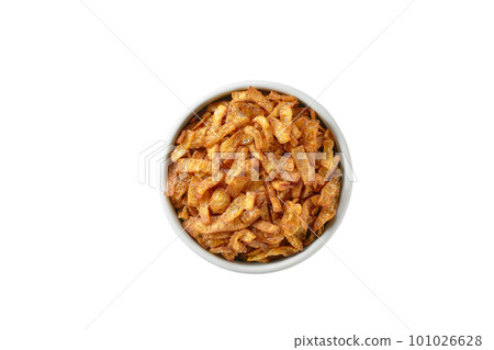 Crispy fried shallots on white bowl,isolated on white background, top view. clipping path. 101026628