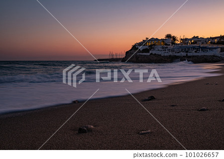 Panoramic view of the sea against the clear sky at sunset, Garraf beach in the region of Catalonia, Spain. Panoramic view of the sea against the clear sky at sunset, Garraf beach in the region of Catalonia, Spain. 101026657