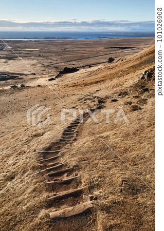 Icelandic scenic landscape walking path with stairs Icelandic scenic landscape walking path with stairs 101026908