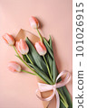 Generative Ai illustration. Bouquet of pink tulips on pink background. 101026915