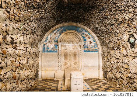 Mosaic panels depicting flying seraphim in chapel-tomb of Paskevich 1870-1889 Years in city park. Famous local landmark Gomel, Belarus. Rumyantsevs and Paskeviches park 101027015