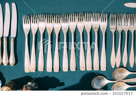 Vintage Forks On Tablecloth. Kitchenware. Set Of Old Kitchen Utensils. Old Crockery Concept. Fork Set. Vintage Silverware Vintage Forks On Tablecloth. Kitchenware. Set Of Old Kitchen Utensils. Old Crockery Concept. Fork Set. Vintage Silverware 101027017