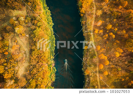 Aerial view of forest woods and river marsh bog in autumn sunny day. Bird's eye view of marsh bog. Top view of beautiful european nature landscape from high attitude in autumn season. Drone view. Flat Aerial view of forest woods and river marsh bog in autumn sunny day. Bird's eye view of marsh bog. Top view of beautiful european nature landscape from high attitude in autumn season. Drone view. Flat 101027053