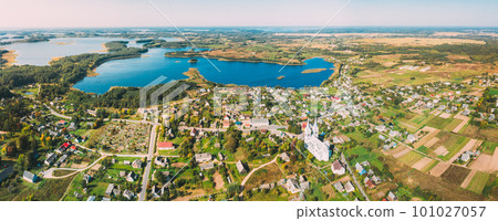 Slobodka, Braslaw District, Vitebsk Voblast, Belarus. Aerial View Of Potsekh Lake Near Slobodka Village. Church of Divine Providence. Panorama Slobodka, Braslaw District, Vitebsk Voblast, Belarus. Aerial View Of Potsekh Lake Near Slobodka Village. Church of Divine Providence. Panorama 101027057