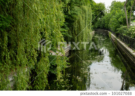 Beautiful spring river and forest. Nature Reflection of trees in the water. Abstract natural background. Blurry silhouettes of many green trees, leaves reflect on peaceful surface of river, lake 101027088