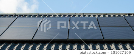 New ecologic house with solar panels Alternative to conventional energy. The battery is charged from a solar cell Advertisement Green energy Sustainable life Renewable  101027109