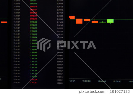 Stock Market Chart Candlestick Graph. Cryptocurrency exchange chart online. Bitcoin trading with price evolution data. App on screen of mobile phone and laptop or pc Stock Market Chart Candlestick Graph. Cryptocurrency exchange chart online. Bitcoin trading with price evolution data. App on screen of mobile phone and laptop or pc 101027123