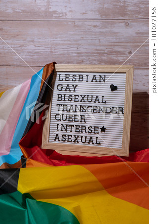LGBTQIA description frame on Rainbow LGBTQIA flag made from silk material. LESBIAN, GAY, BISEXUAL, TRANSGENDER, QUEER, INTERSEX, ASEXUAL Symbol of LGBTQ pride month. Equal rights. Peace and freedom 101027156