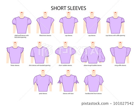 Set of Short sleeves clothes fitted, cap, puff, flutter, shirt, bubble, wing technical fashion illustration, fitted 101027542