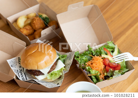 Food ordered by home delivery (hamburger, fried chicken, salad) 101028211