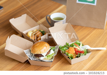 Food ordered by home delivery (hamburger, fried chicken, salad) 101028213