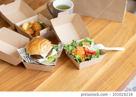 Food ordered by home delivery (hamburger, fried chicken, salad) 101028216