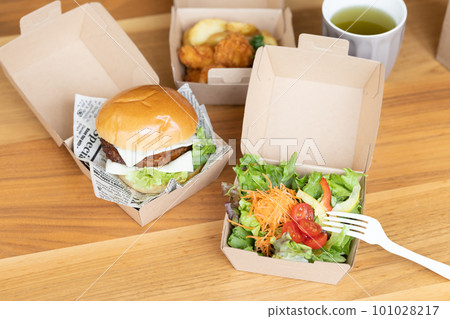 Food ordered by home delivery (hamburger, fried chicken, salad) 101028217