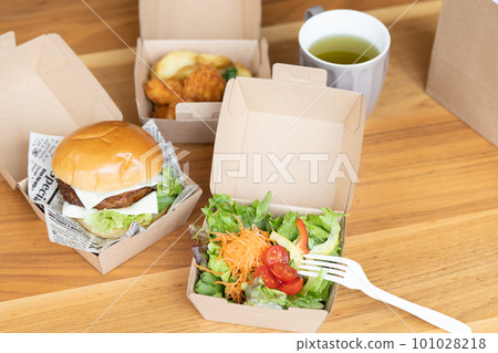 Food ordered by home delivery (hamburger, fried chicken, salad) 101028218