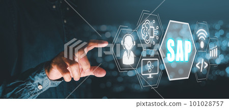 SAP - Business process automation software and management software (SAP), Person hand touching SAP icon on virtual screen with blue bokeh background. SAP - Business process automation software and management software (SAP), Person hand touching SAP icon on virtual screen with blue bokeh background. 101028757