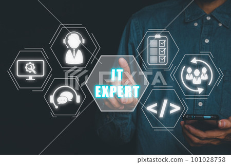 IT expert concept, Person hand touching mobile phone with IT expert icon on virtual screen, Information Technology Advice or Services. IT expert concept, Person hand touching mobile phone with IT expert icon on virtual screen, Information Technology Advice or Services. 101028758