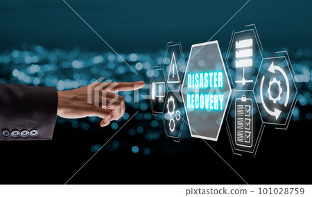 Disaster Recovery concept, Person hand touching disaster recovery icon on virtual screen background, Data loss prevention. 101028759