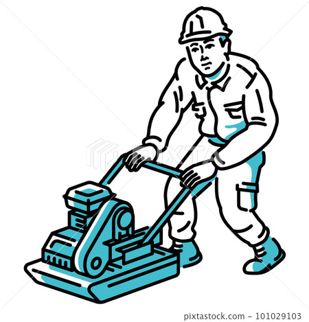 Male worker paving land (ground) or road with compactor 101029103