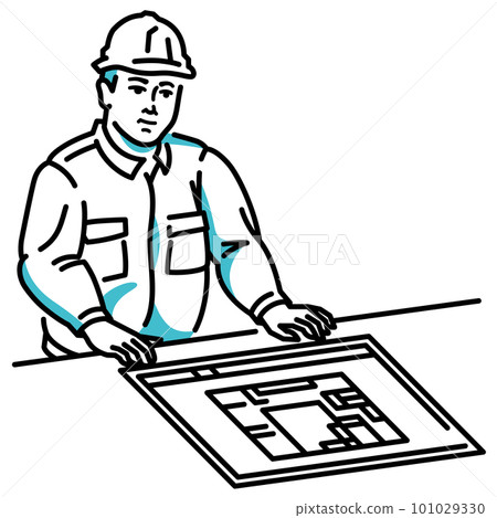 A male worker who checks the architectural drawing (design drawing) and a newly built detached house 101029330