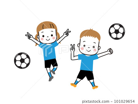Children playing soccer Two men and women jumping 101029654