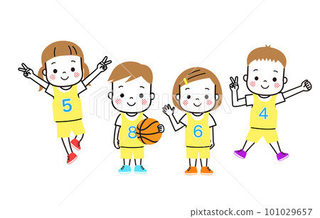 Children playing basketball Four boys and girls having fun 101029657