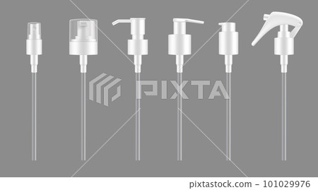 Pump droppers, isolated vector 3d bottle or cosmetic container spray caps mockup. White plastic pumps for lotion, shampoo or atomizer sprayer and liquid soap dispenser lid with trigger and nozzle Pump droppers, isolated vector 3d bottle or cosmetic container spray caps mockup. White plastic pumps for lotion, shampoo or atomizer sprayer and liquid soap dispenser lid with trigger and nozzle 101029976