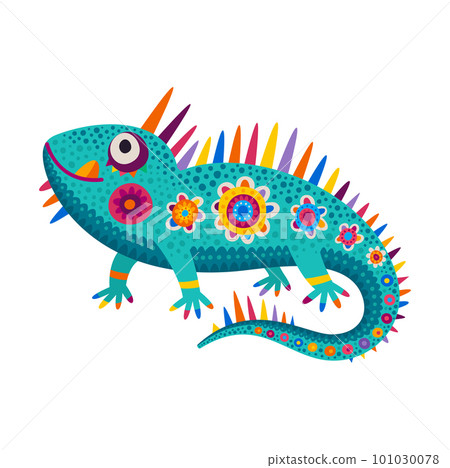 Lizard with floral prints, cartoon mexican iguana in ethnic design. Vector exotic salamander, tribal chameleon with colorful flowers 101030078