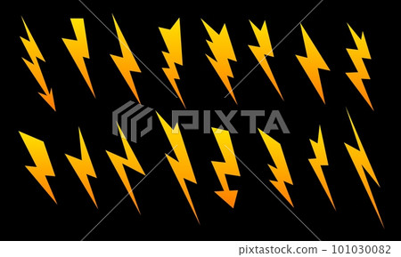 Yellow light flare and flash effect. Isolated vector set of lightning bolts, high voltage arrow signs. Danger, warning of damage, increased caution symbols. Thunder energy, electric thunderbolt emblem Yellow light flare and flash effect. Isolated vector set of lightning bolts, high voltage arrow signs. Danger, warning of damage, increased caution symbols. Thunder energy, electric thunderbolt emblem 101030082