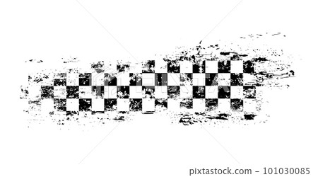 Grunge race flag, isolated vector monochrome banner for motocross sports tournament or car rally competition. Black and white checkered sport racing flag with checkerboard grungy texture 101030085