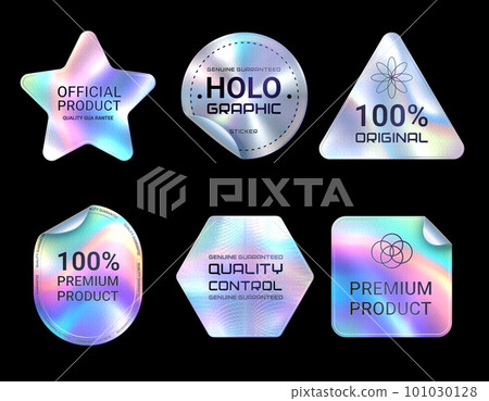 Quality hologram stickers. Official certified, original and premium product iridescent vector labels. Star, circle, triangle and pentagon shape holographic stickers, quality guarantee symbol or tag Quality hologram stickers. Official certified, original and premium product iridescent vector labels. Star, circle, triangle and pentagon shape holographic stickers, quality guarantee symbol or tag 101030128