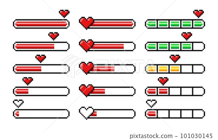 Pixel heart loading bars, 8 bit video game arcade assets and life status, vector props icons. Pixel heart loading progress bar with yellow half, green full and red empty load of life or energy meter 101030145