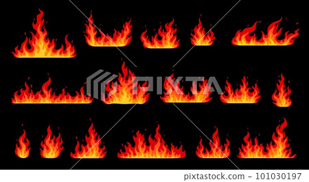 Cartoon fire flames, bonfire and burning firewall, vector icons. Wildfire red hot flames of campfire or furnace hearth burning and torch light blaze, fireball symbols and burning firewall effect 101030197