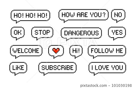 Pixel speech bubble messages, like subscribe and follow, vector game talk text. 8 bit pixel art chat or speech bubble message icons, retro pixel dialog clouds and conversation text with Hi and welcome Pixel speech bubble messages, like subscribe and follow, vector game talk text. 8 bit pixel art chat or speech bubble message icons, retro pixel dialog clouds and conversation text with Hi and welcome 101030198