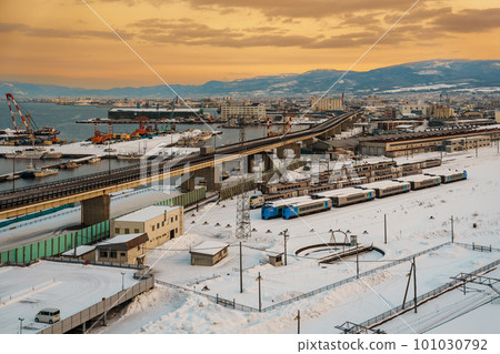 Beautiful landscape and cityscape from Hakodate train station with Snow in winter season. Hakodate, Japan, 7 February 2023 101030792