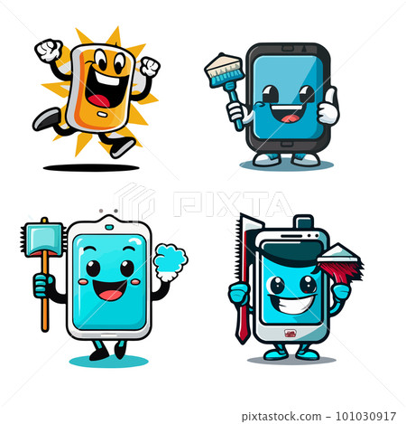 Set of cheerful mobile phones with cleaning tools. For your design Set of cheerful mobile phones with cleaning tools. For your design 101030917