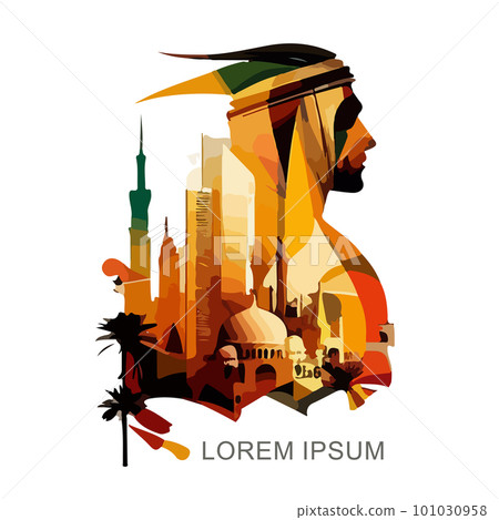 Color drawing of an oriental city, palm trees, skyscrapers and a profile of a man. For your logo or sticker design 101030958