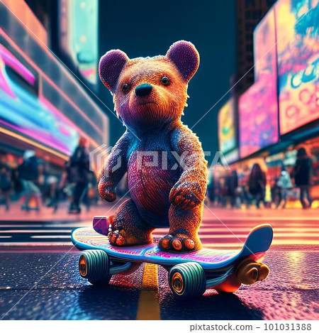 Teddy bear rides a skateboard in Times Square at night. Teddy bear rides a skateboard in Times Square at night. 101031388