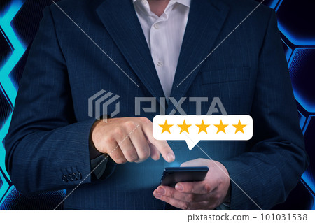 Five stars testimonial. Customer review good rating concept hand pressing five star on screen Five stars testimonial. Customer review good rating concept hand pressing five star on screen 101031538
