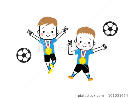 Soccer boys who are overjoyed to receive a gold medal Soccer boys who are overjoyed to receive a gold medal 101031634