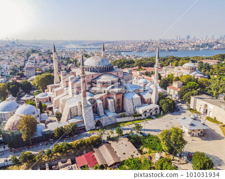 Sunny day architecture and Hagia Sophia Museum, in Eminonu, istanbul, Turkey. Turkiye. Dron photography 101031934