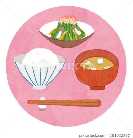 A simple illustration of rice, miso soup and side dishes 101032837